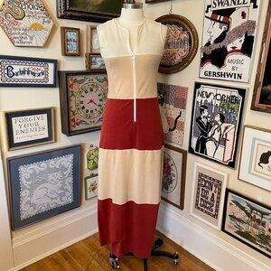 70s Vintage Brown Beige Tan Colorblock Sleeveless Velour Maxi Dress/Robe Size M